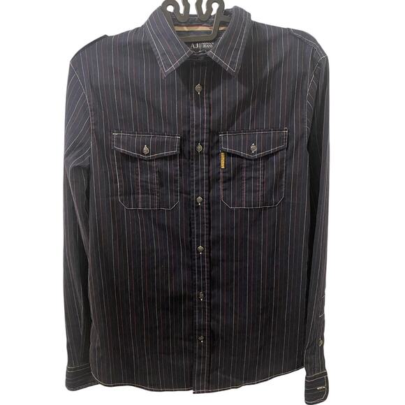 Vintage Armani Jeans Pinstripe Navy Western Style Button Down Size Small - Picture 1 of 7